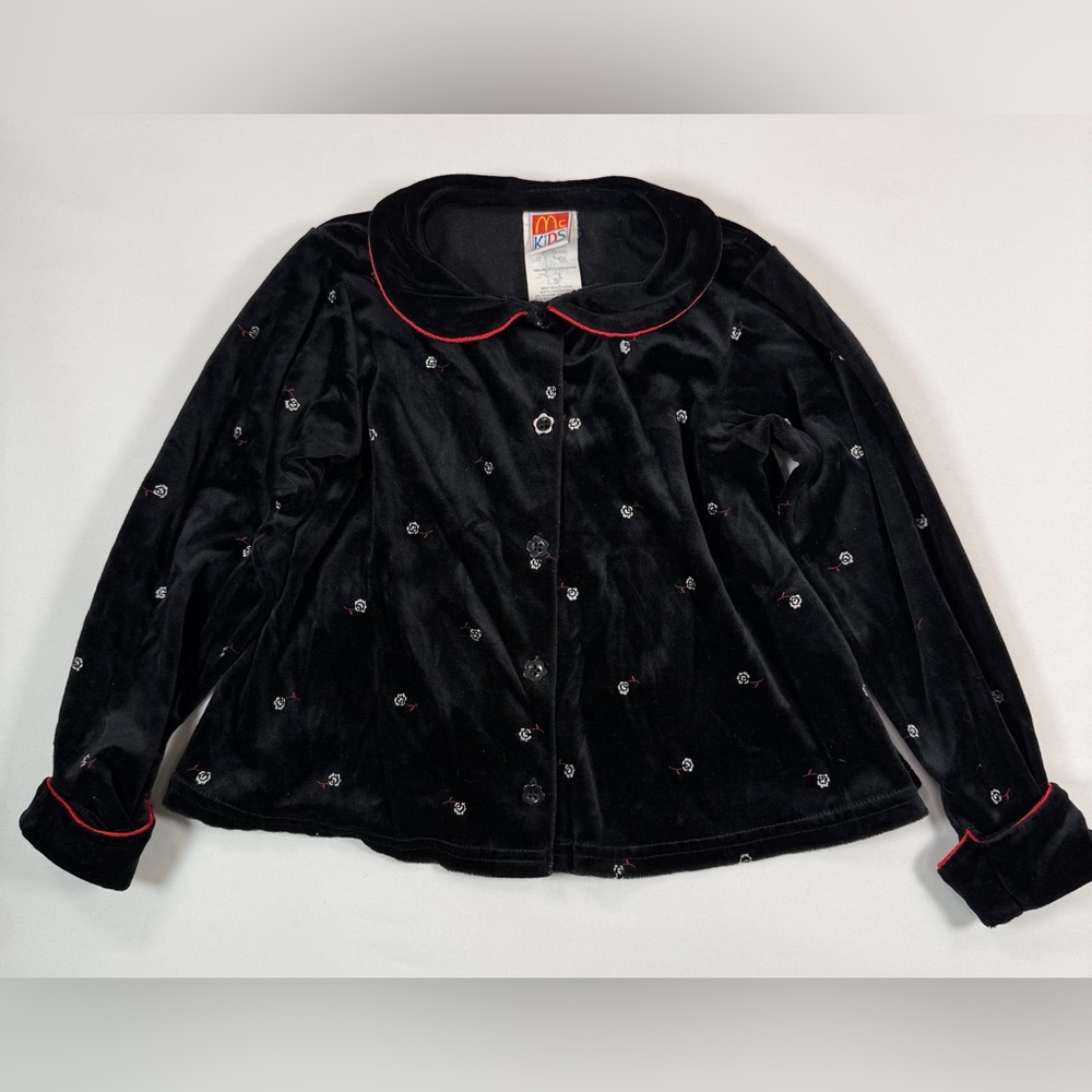 MCKIDS VINTAGE Y2K Girls' 90s Black Velour Floral Button Embroidered‎ Blouse 5